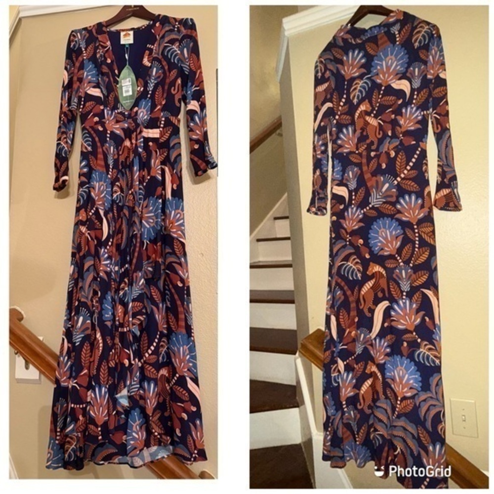 New ▶️ Farm Rio ◀️ Blue Nature Beauty Long Sleeve Maxi Dress XS